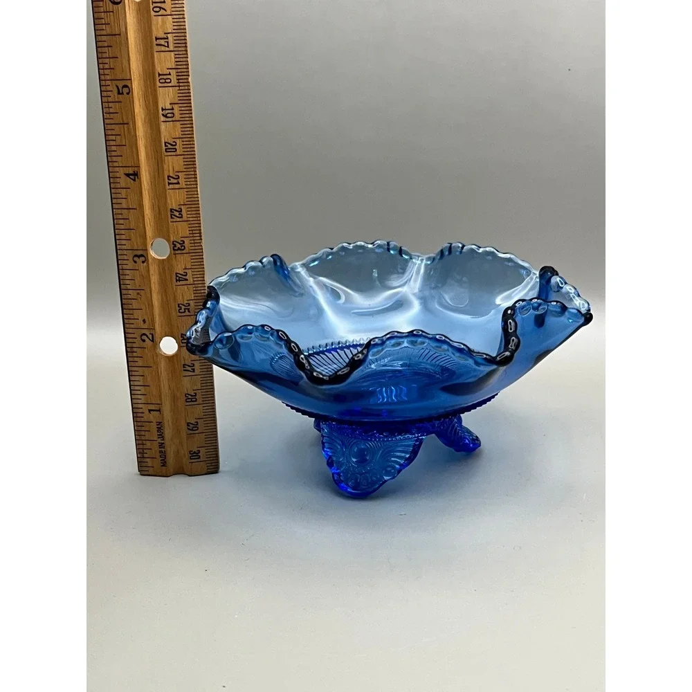 Vtg Cobalt Blue Glass Ruffled Footed Bowl Beaded Edge Candy Nut Dish 5.25